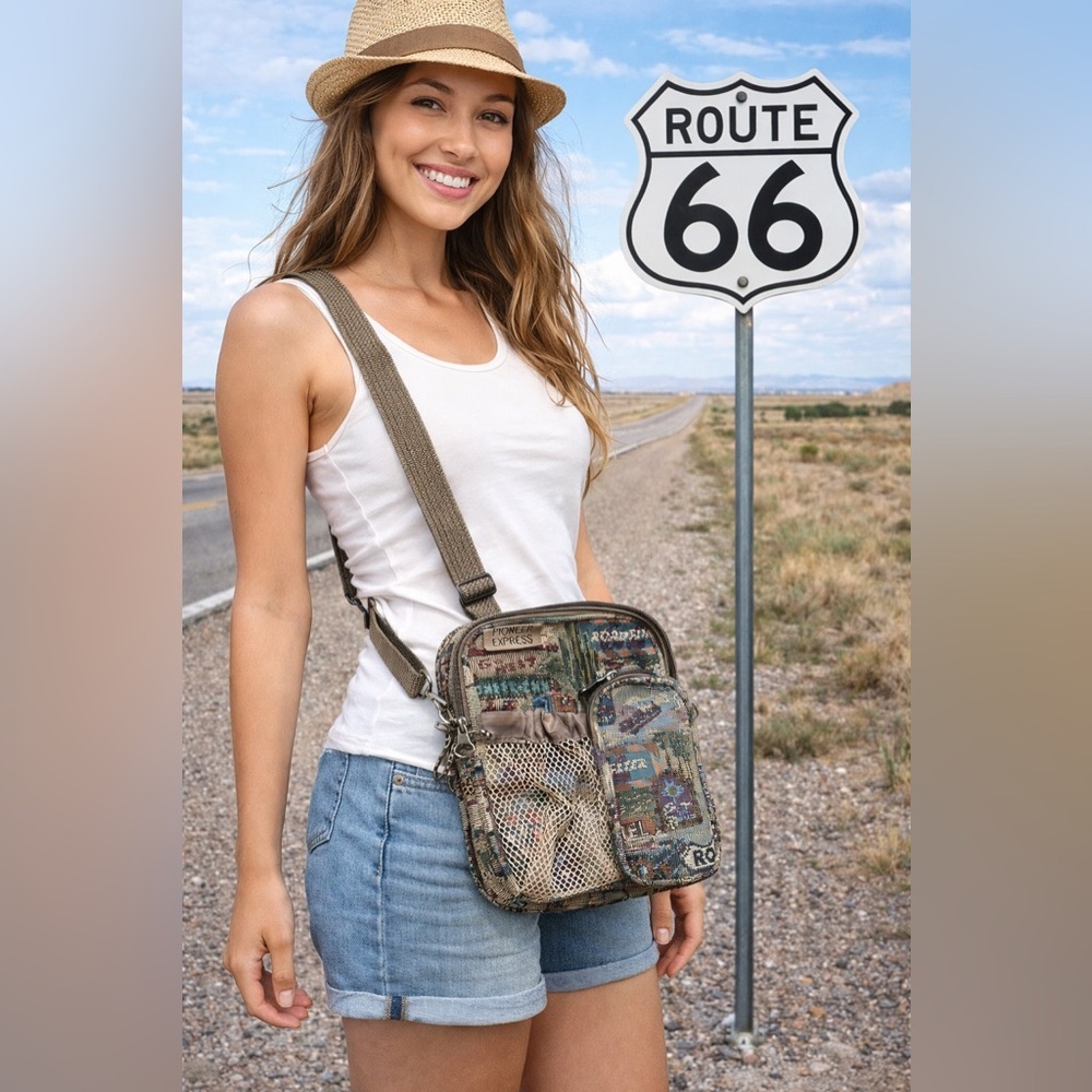 Pioneer Express Crossbody Route 66 Tapestry Fabric Taupe Blue Green  2 Pocket